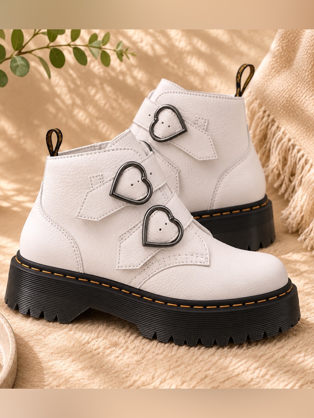 Dr. Martens💎Devon Heart Black White Leather Buckle Platform Boots 6 EUC!